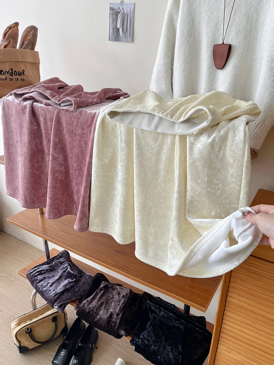 Women's Elegant Vintage Velvet Glossy Long Skirt Lady Spring Autumn Solid Color Elastic Waist Mermaid Skirt