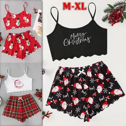 Women Christmas Santa Claus Crop Tops Strap Snowman Tees Nightclothes Pyjamas Nightgown Shorts Shirts Suit Casual Suits Sets