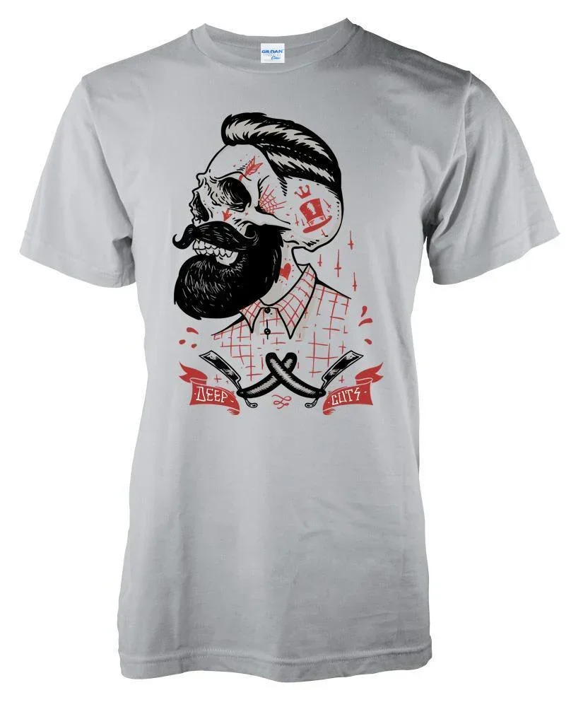 Brand Clothing  Male Top Fitness Brand Clothing Deep Cuts Barber Shop Skull Beard Razor Shave Tattoo T-Shirt S-6Xl Tee Shirt