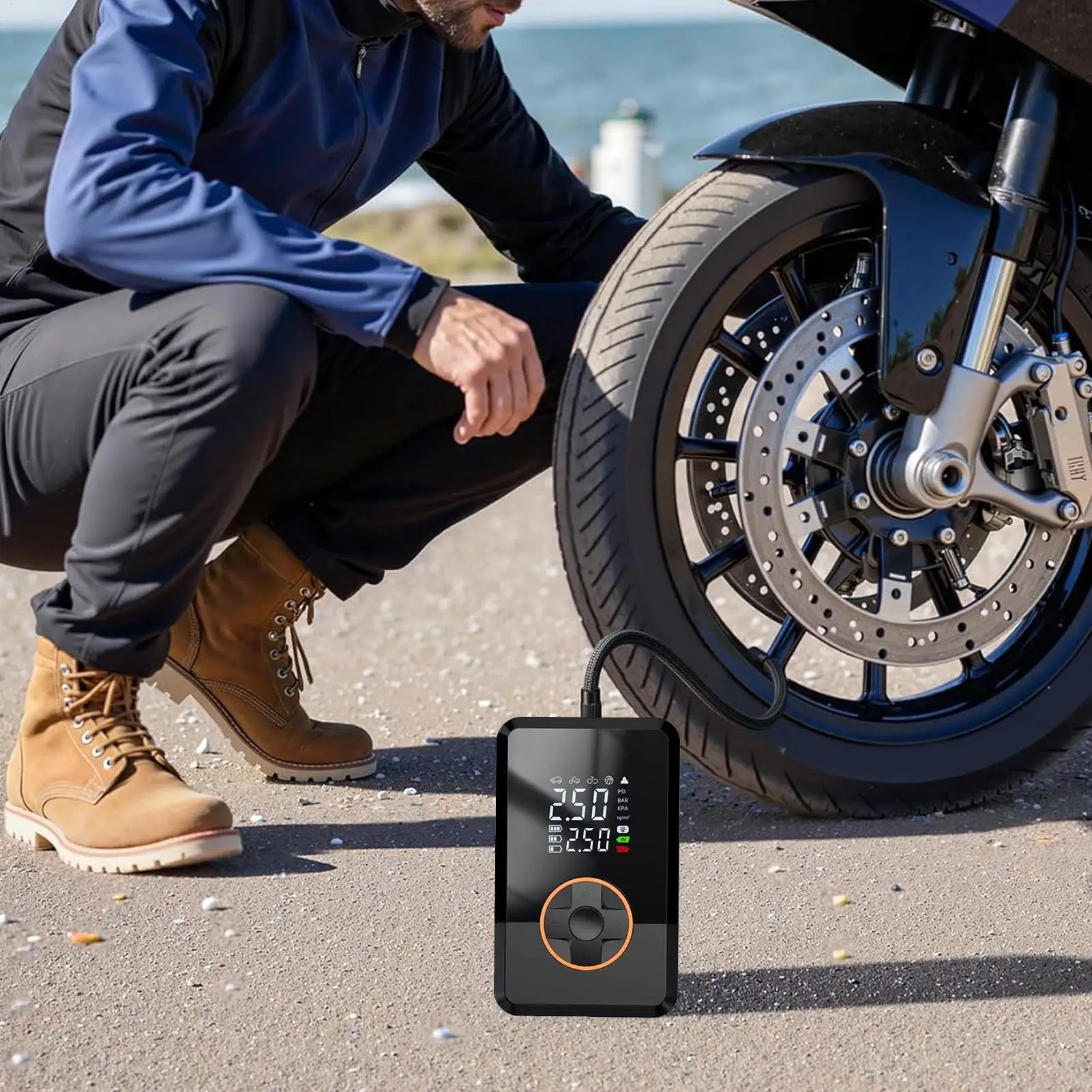 electric air pump with 130psi high pressure fast inflation LED lighting pressure gauge USB charging output for car motorcycle