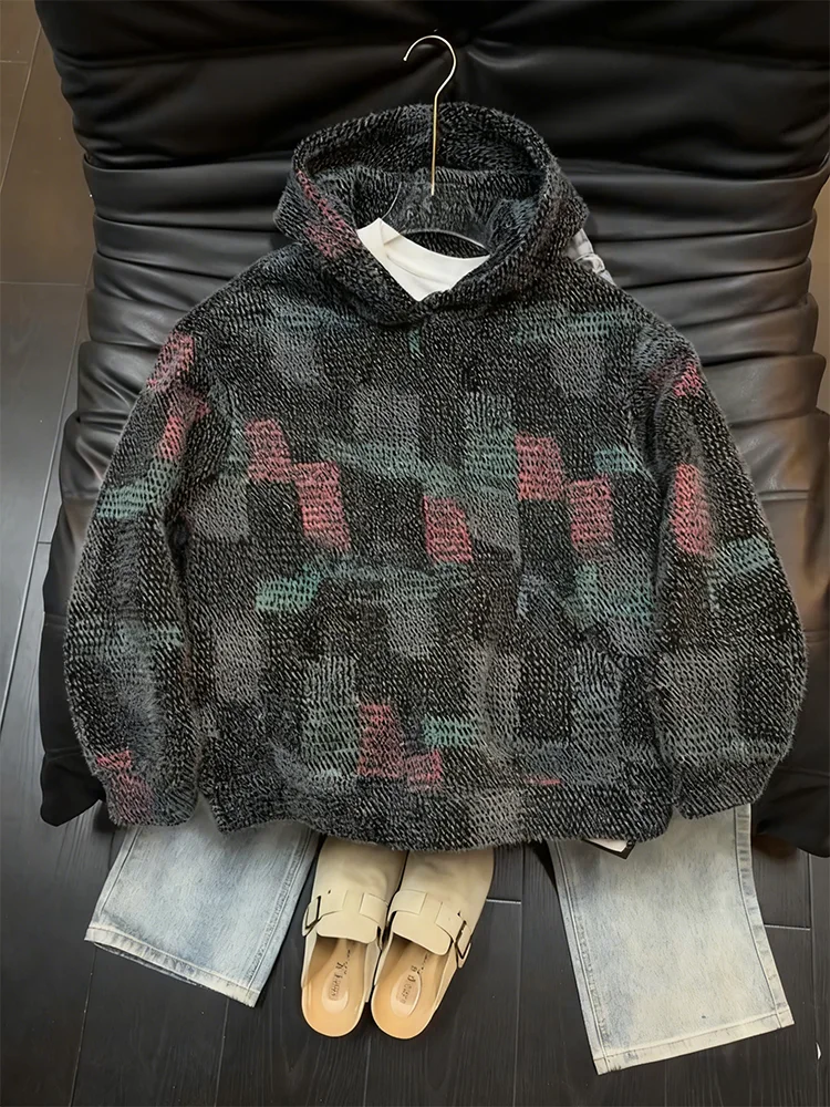 

Американский утепленный вязаный худи в клетку, зимний теплый пушистый свитшот свободного кроя, повседневная удобная верхняя одежда