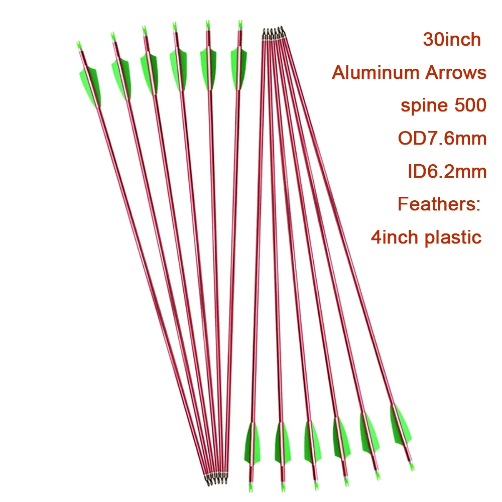 12pcs 30inch spine500 Aluminum Arrow 4 Inches Vanes Replace Tips OD7.6mm id 6.2mm for Hunting Compound Bow Hunting Shooting