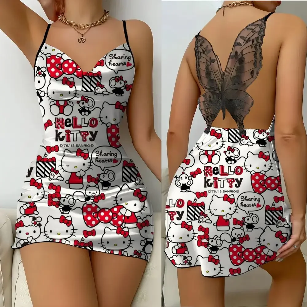 Sukienka do spania z nadrukiem Hello Kitty, moda 2025, letnia, damska, casualowa, elegancka, z odkrytymi plecami, satynowa, wygodna spódnica.