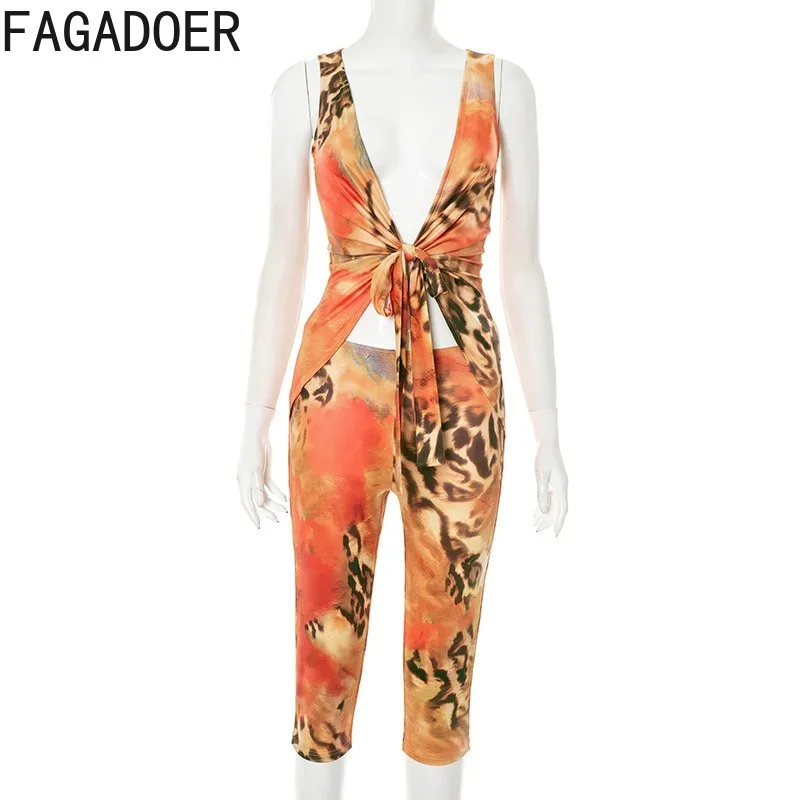 FAGADOER Sexy Leopard Print Jumpsuits Women Deep V-Neck Sleeveless Skinny One Piece Rompers Female Y2K Streetwear Overalls New