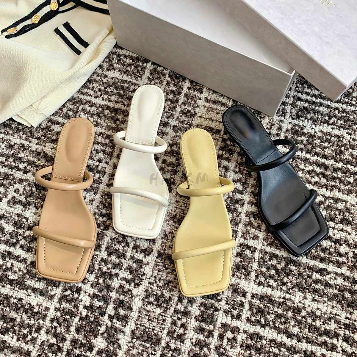 2024 Summer Square Toe Women Slippers Fashion Elegant Narrow Band Slides Shoes Ladies Outdoor Dress High Heel Sandalias