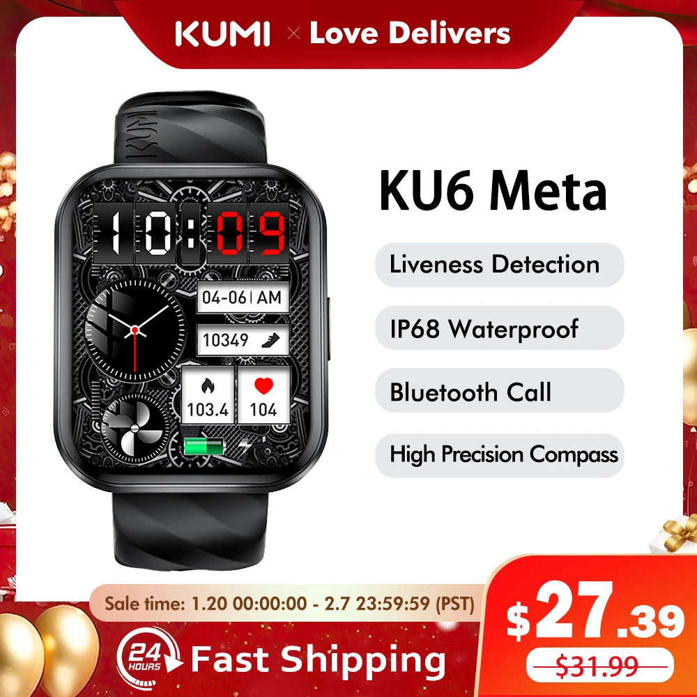 

World Premiere KUMI KU6 Meta Smart Watch 1.96" 100+Exquisite Dial with Compass Bluetooth Call Liveness Detection IP68 Waterproof