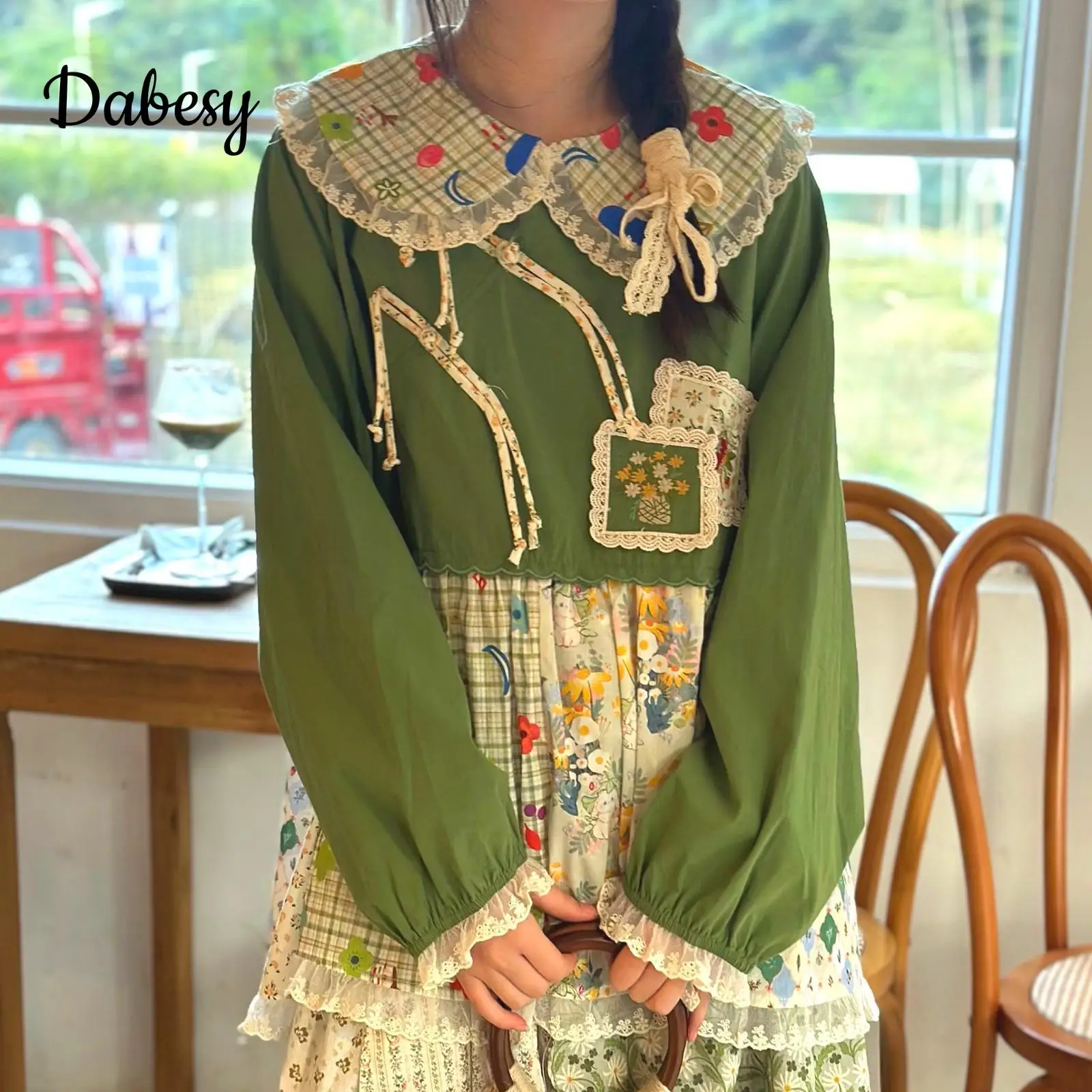 Damen Patchwork Grün Baumwolle Leinen Hemd Japanische Mori Mädchen Spitze Rüschen Puppenkragen Langarm Kawaii Bluse Retro Lolita Top