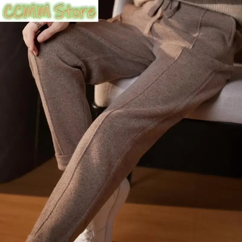 Women's mid seam cashmere pencil pants, pure wool warm pants, autumn and winter high-quality elastic waist drawstring pants