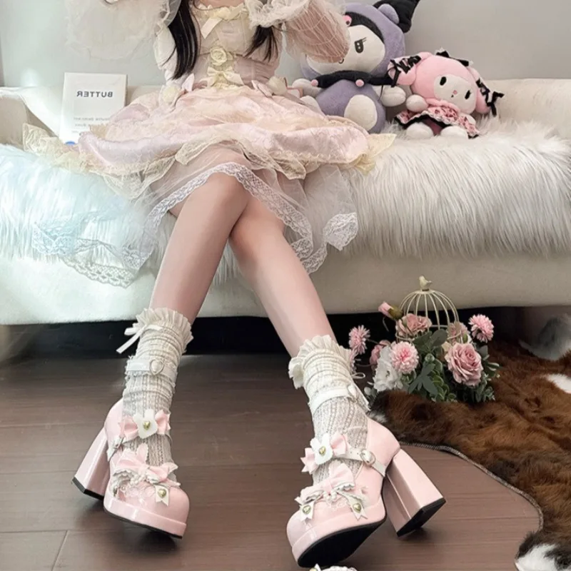 

Lolita Women's Shoes Bow Shallow Mouth Mary Jane Chunky Heel Women Pumps and Heels Fashion Round Head Single Shoes Zapatos Mujer