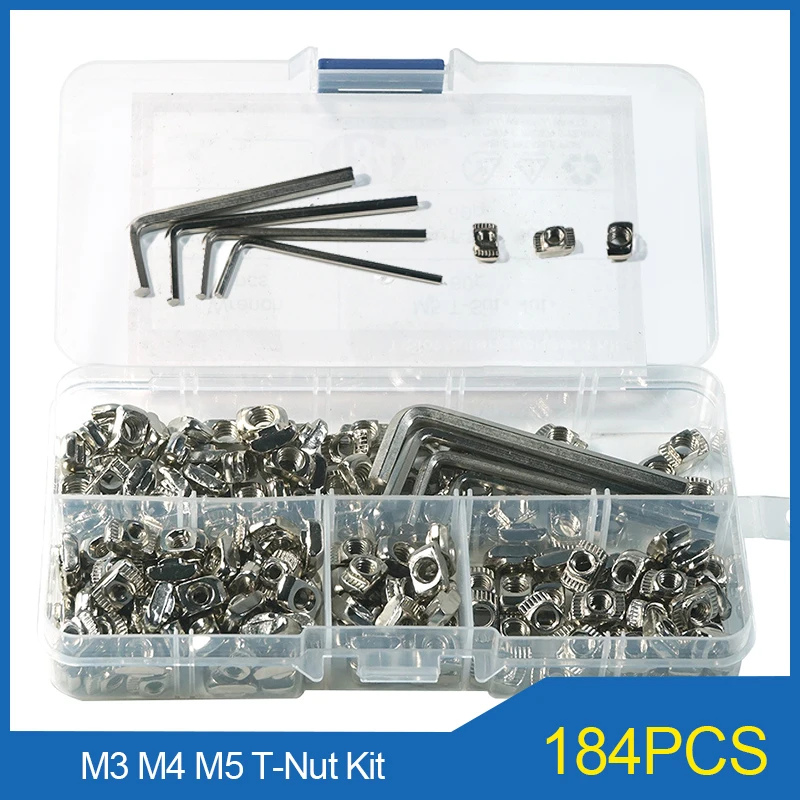 

184PCS Nickel Plated T-Nut M3 M4 M5 20 Series T Slot Nut Hammer Head Fastener Nut with Wrench Assortment Kit EU Aluminum Profile