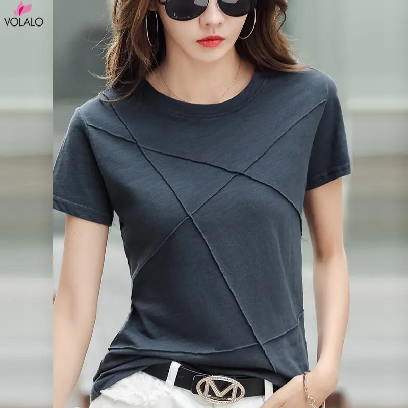 

VOLALO Summer Slim Cotton Bamboo T-Shirts Women 2024 O-Neck Short Sleeve Ribbed Tshirts Female Casual Solid Color Tops