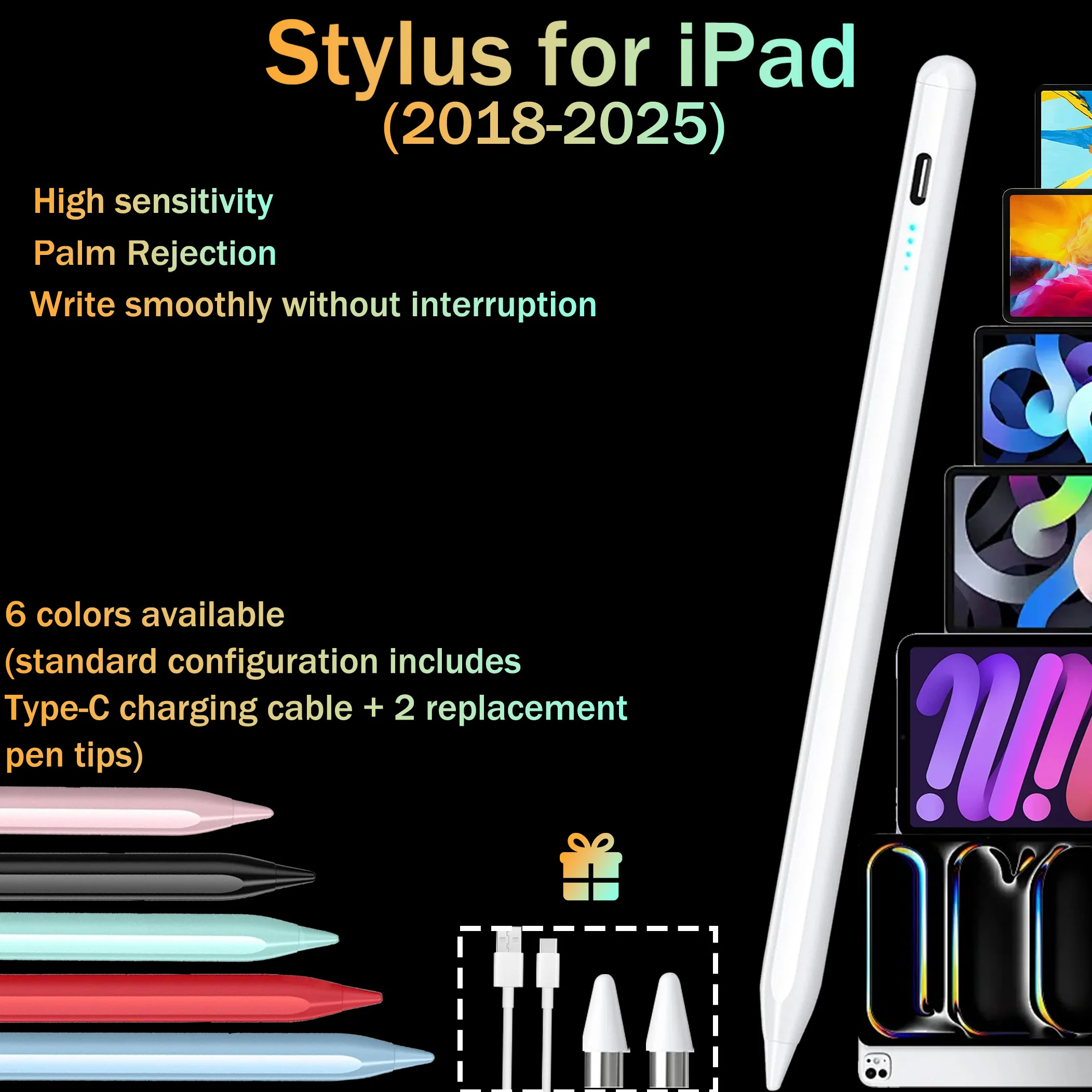 

iPad Pencil with Palm Rejection, Compatible with iPad 2018-2025, Fast Charging, Long-Lasting Battery, Side Magnetic Snap