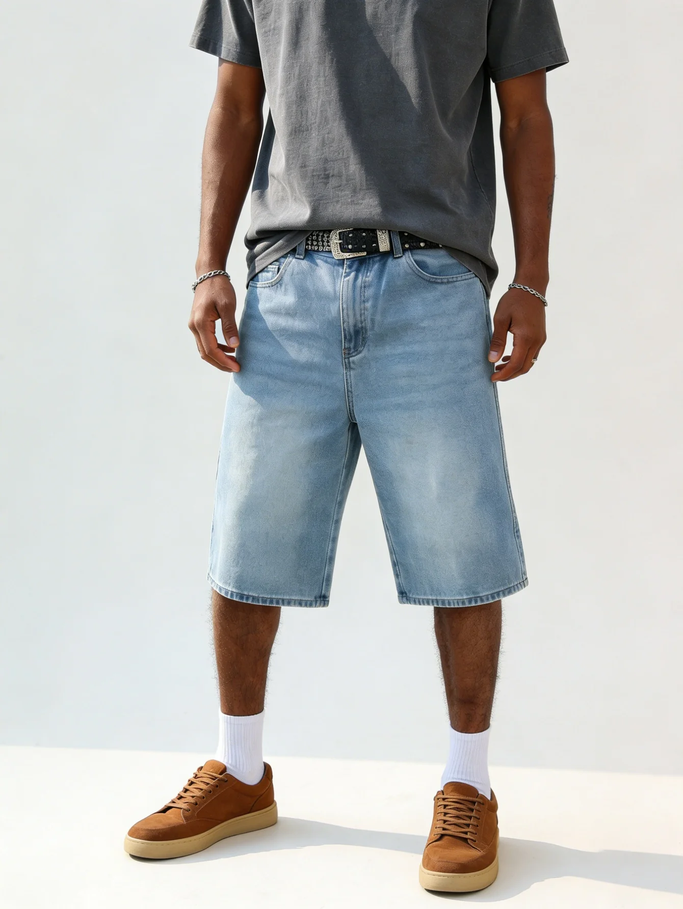 

Мужские свободные синие джинсовые шорты без стрейча, повседневные, однотонные, свободного кроя, для летних уличных образов