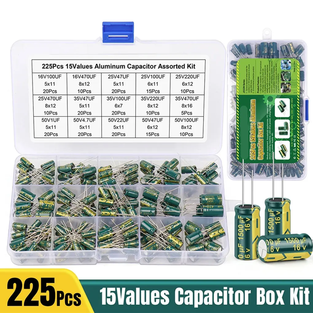 225PCS ตัวเก็บประจุความถี่สูง 15 มูลค่า 10V 16V 25V 35V 50V สีเขียวสูงความถี่ตัวเก็บประจุชุด 100UF 220UF 470UF