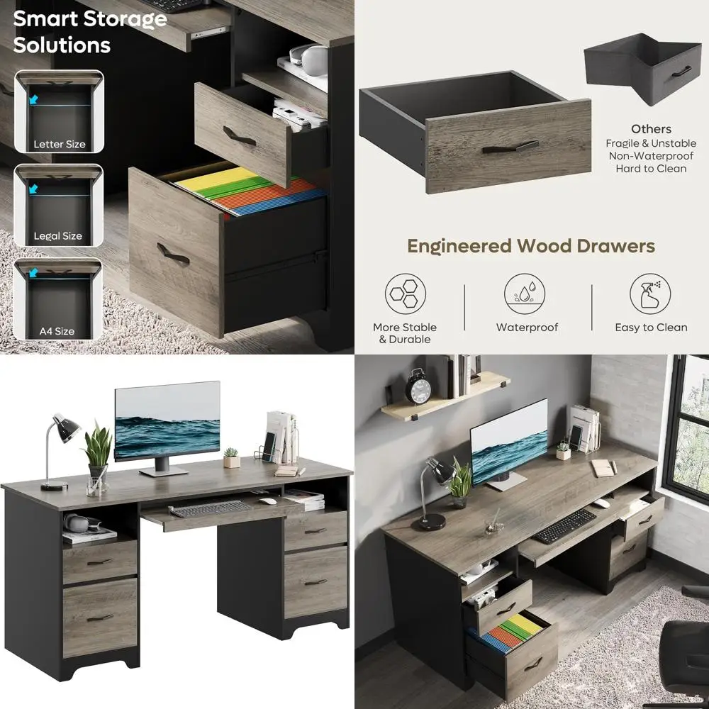 

Industrial-Style Grey Home Office Desk with 4 Drawers, Storage, Keyboard Tray, and Dual Pedestals