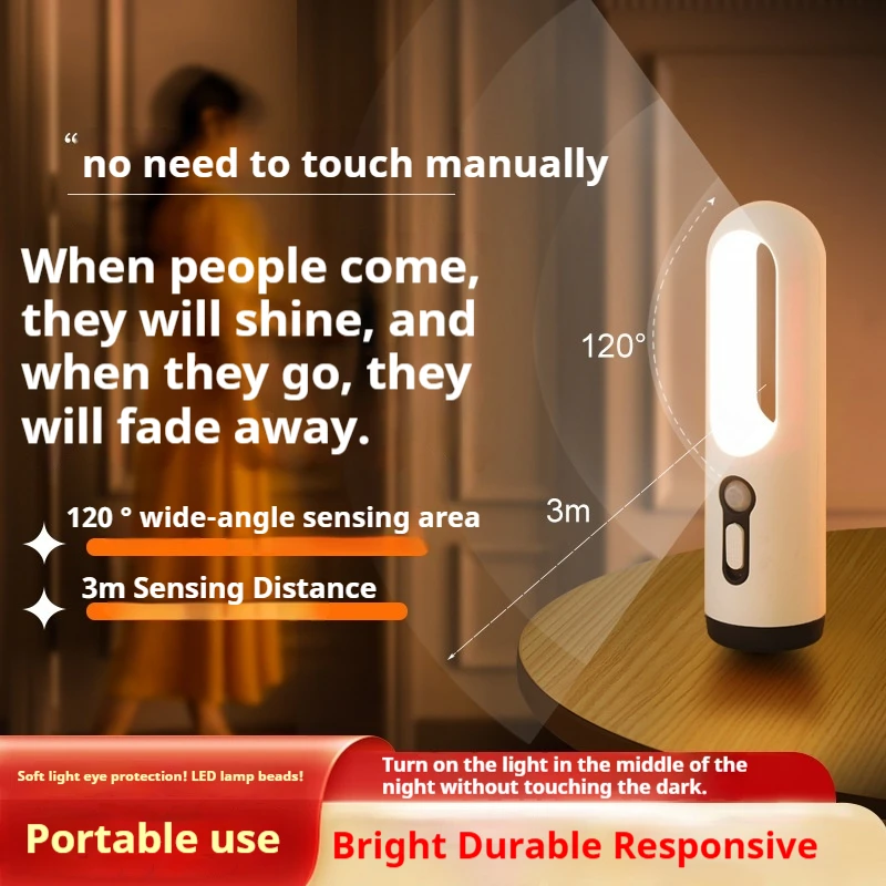 JUSTLANG LED Motion Sensor Night Light 2 in 1 Portable Flashlight Eye Care Bedroom Bathroom Reading Camping Baby Feeding
