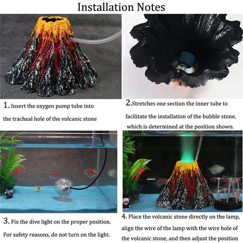 Decoraciones de acuario de resina, juego de adornos con forma de volcán, burbujeador de piedra de aire, foco LED rojo para pecera de acuario Betta