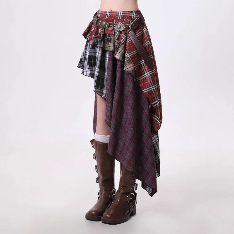 

Irregular Plaid Midi Skirt for Women in Spring and Summer, Sweet and Cool, Spicy Girl, High Waist, Slimming and Sporty Style