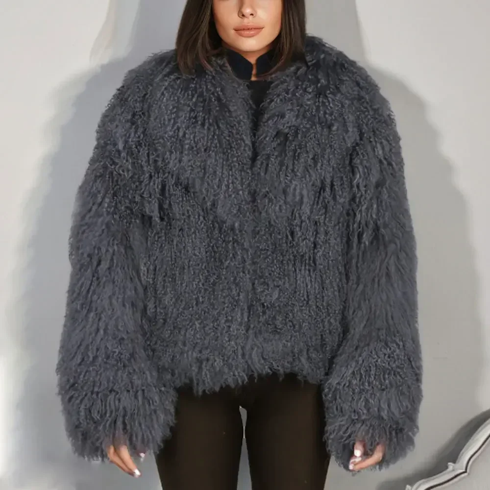 여성용 진짜 몽골 양 모피 재킷, 패션 몽골 양 모피 코트, 레이디 겨울 두꺼운 따뜻한 크롭 재킷, 천연 양털 코트