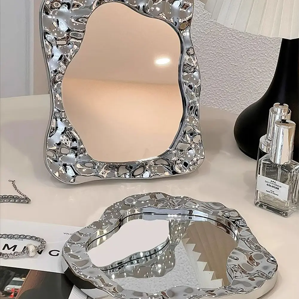 Simple Ins Makeup Mirror Wave-Pattern Cosmetic Mirror Vanity Mirror Irregular With Stand Water Ripple Mirror Desktop