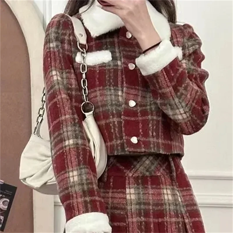 Spring and Autumn New Vintage plaid Plush Long Sleeve Splicing Short Coat+High Waist Long Skirt Set Plaid Two Piece Set Fashion