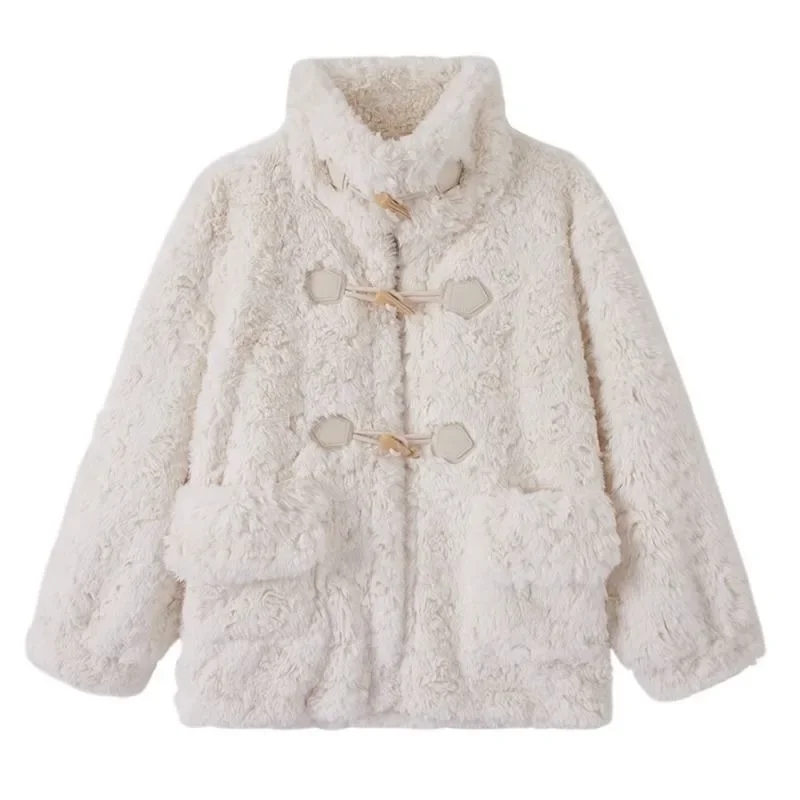 Sweet Girls Solid Colors Faux Fur Coats Horn Button Jackets Furry Loose Casual Coats Women Big Pockets Spring Autumn Coats New