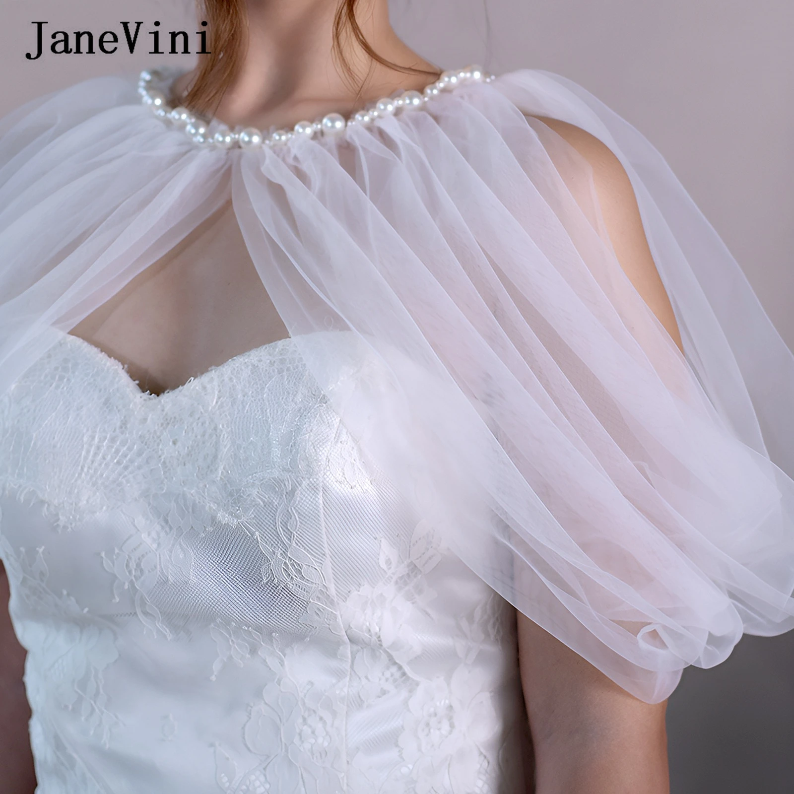 JaneVini Elegante Bolero Desmontable de Perlas para Novia, Capa de Hombro Nupcial, Chal para Vestido de Novia, Abrigo de Tul, Chaqueta, Estola