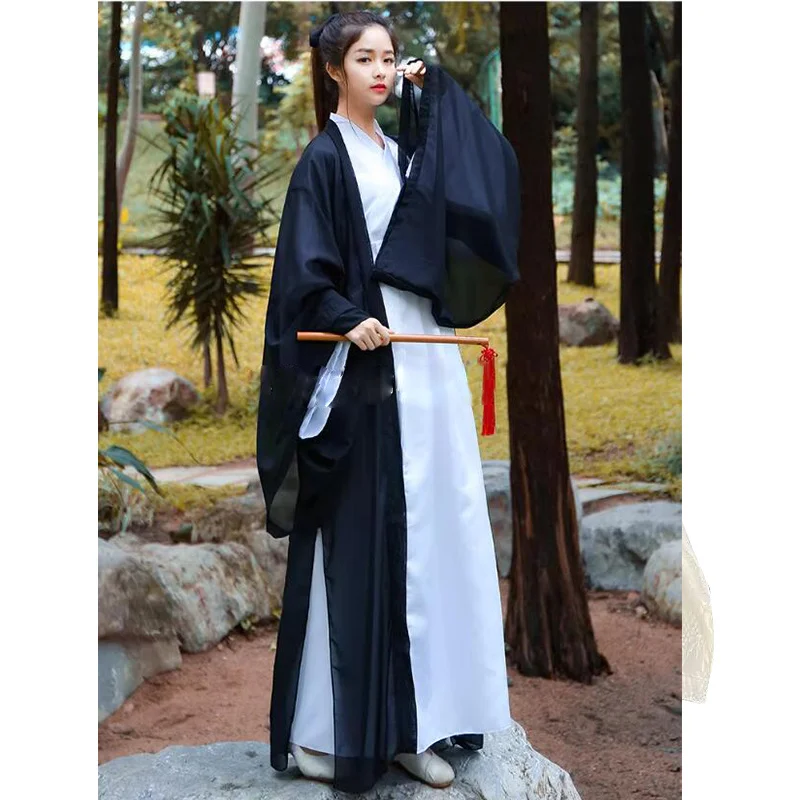 Hanfu Women Dark Black Swordsman Fairy Chinese Traditional Ancient Costume WeiJin Dynasty Big Sleeve Kimono Cape Costume