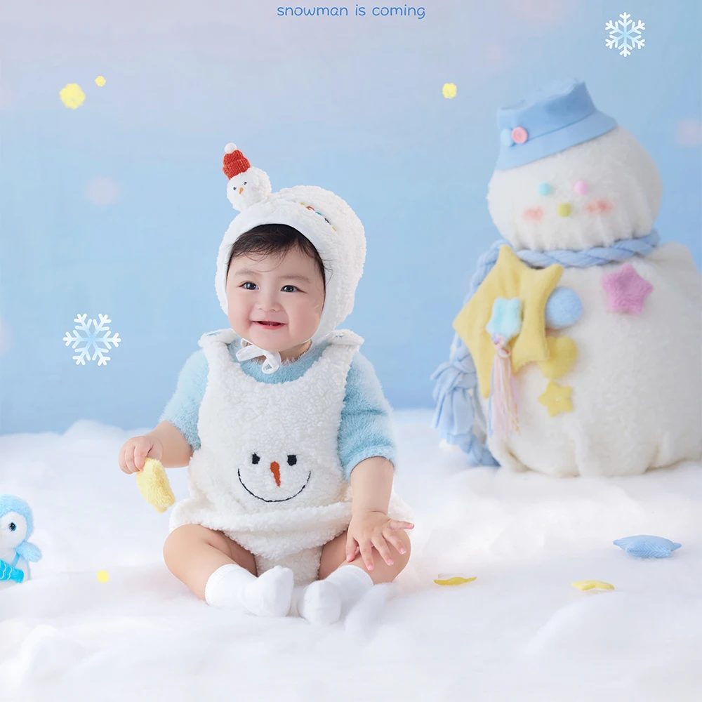 3-4 أشهر الطفل التصوير الزي قبعة + ارتداءها مجموعة رقيق ثلج زي للطفل استوديو الشتاء مشهد الثلج موضوع صور الملابس