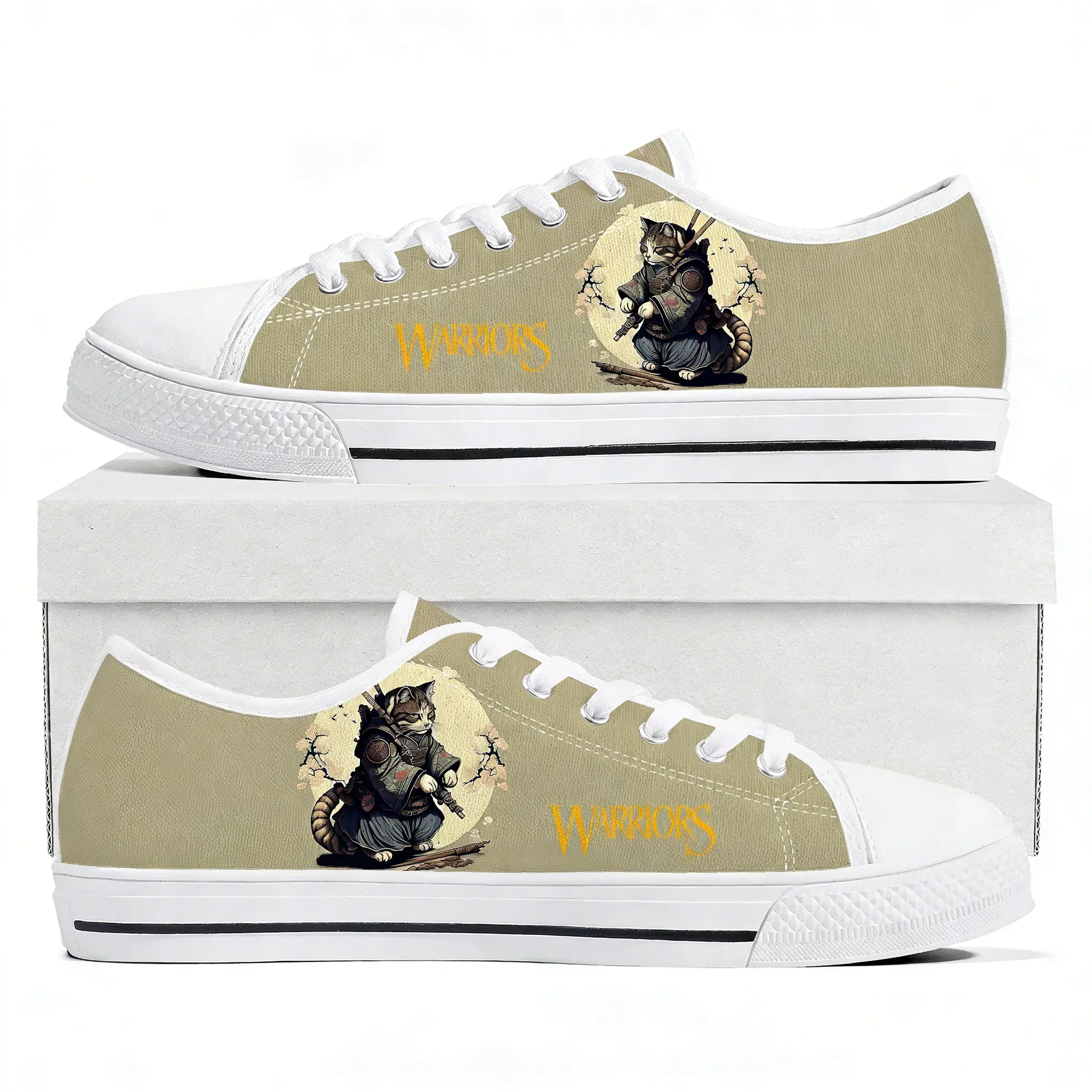 

Кроссовки Cat Warrior Low Top высокого качества для мужчин, женщин и подростков, повседневные модные кеды из канваса с анимационными узорами, обувь на заказ