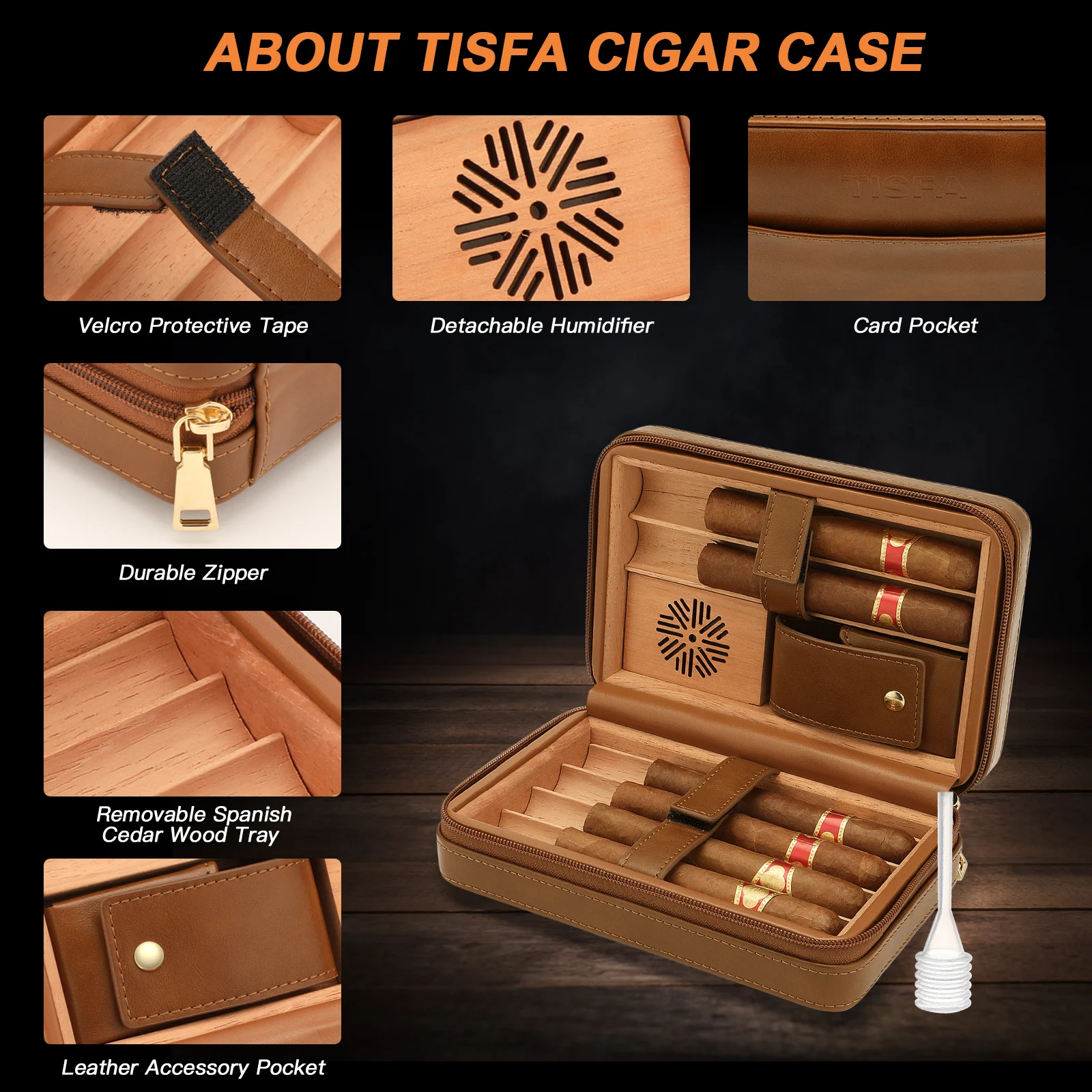 Cigar Humidor, Leather Cedar Wood Cigar Case with Cigar Lighter, V Cut Cigar Cutter,Cigar Holder 3 in 1 Travel Cigar Humidor Box