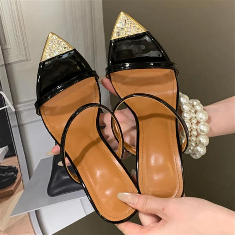 

Aneikeh Summer Pointed Toe Rhinestone Open-toe Sexy Thin High Heels Woman Slippers Stripper Banquet Prom Slides Ladies Shoes