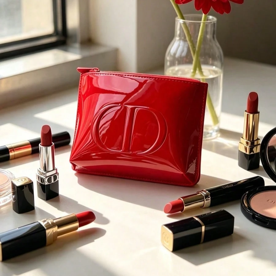 Dior’s bag Premium Fabric Red Cosmetic Bag For Lipstick Blush & Powder Puff Storage Portable Makeup Organizer Perfect For Girls