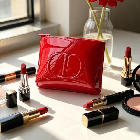 Bolsa de cosméticos vermelha de tecido premium da Dior para armazenamento de batom, blush e esponja de pó, organizador de maquiagem portátil, perfeito para meninas