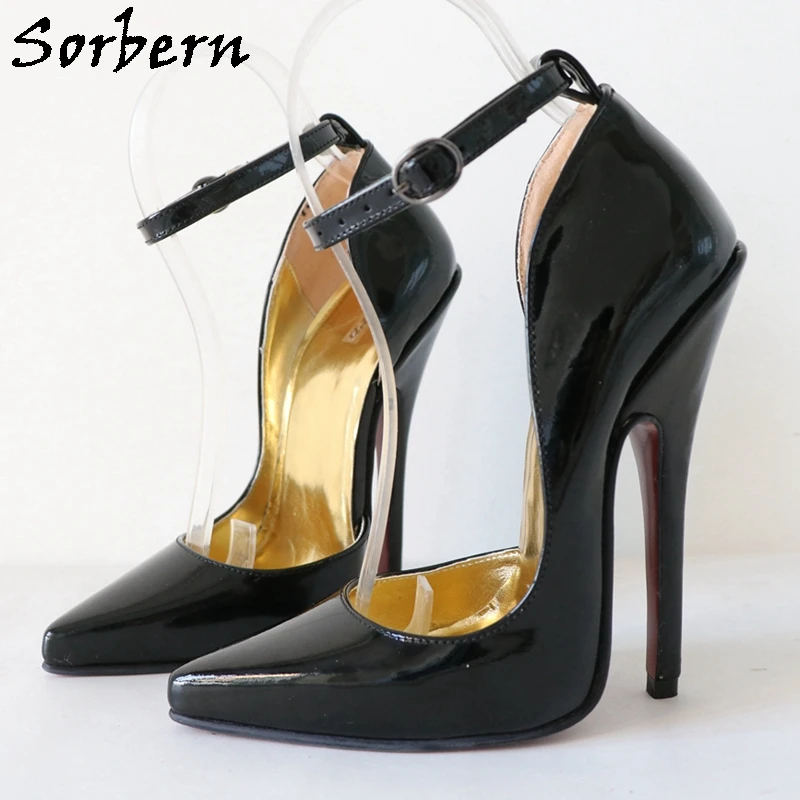 Sorbern Genuine Leather Women Pump D'Orsay Shoe 15Cm High Heel Stilettos Pointy Toes Thin Ankle Strap Sissy Boy Party Shoe Eu36