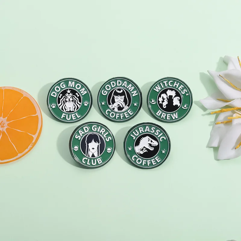 Jurassic Coffee Enamel Pin Dog Mom Fuel Sad Girls Club Round Brooches Lapel Backpack Badge Jewelry Gifts For Friends Wholesale