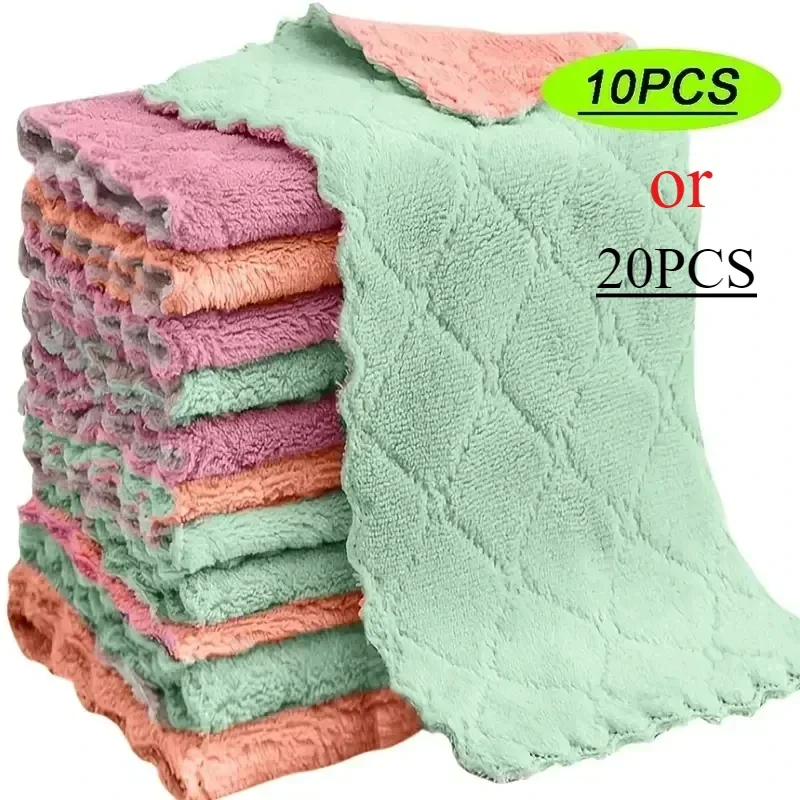 

10pcs/20pcs Thickened Cationic Rag, Coral Fleece Household Absorbent Non-shedding Dishwashing Cloth