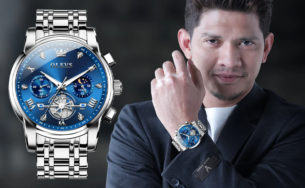 OLEVS 2856 Quartz Watch for Men Flywheel Skeleton Chronograph Moon Phase Multifunctional Stainless Steel Men's Wristwatches