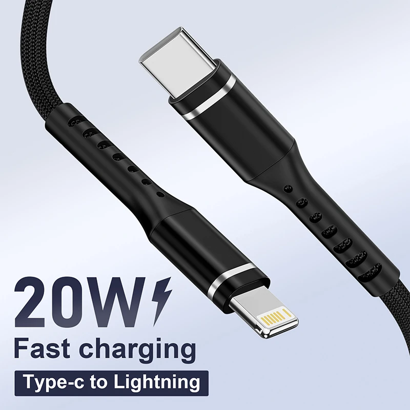 كابل USB C إلى Lightning PD 20W MFI معتمد للشحن السريع من النايلون المضفر لهاتف Iphone 14 13 12 11 Pro Max XR XS X 8 7 6