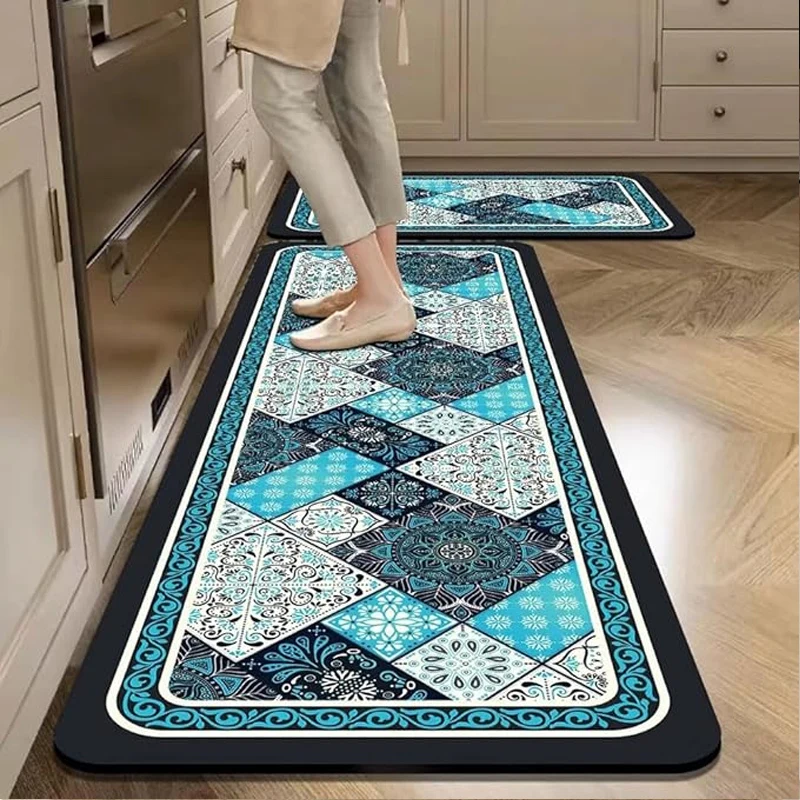 

Kitchen Floor Mat Waterproof Oil-proof Non-slip Rug Retro Bohemian Blue Carpet Long Strip Home Decoration Foot Mat 주방 바닥 매트