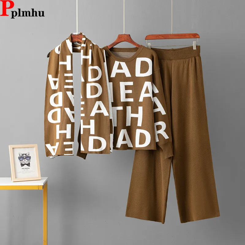 

Korean Design Knitted 3 Piece Sets Women Shawl+o-neck Sweater Pullover Tops Conjuntos Casual High Waist Straight Pants Outfit