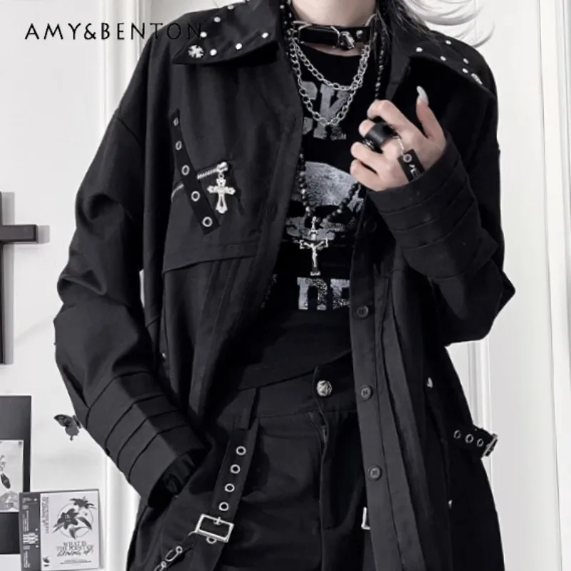 

Original Deconstructed Street Punk Shirt Subculture Japanese Harajuku Style Printed Rivet Long Sleeve Loose Versatile Shirts