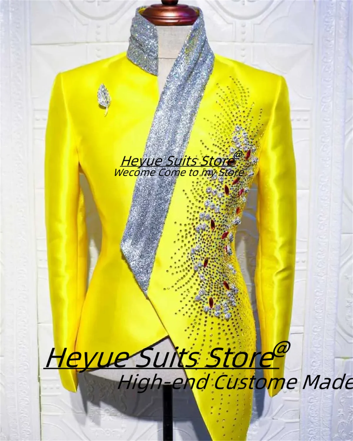 Luxuly Shiny Yellow Men Suits Customized Diamond Formal Groom Wedding Tuxedos 2 Pieces Sets Male Party Blazers Prom Ropa Hombe