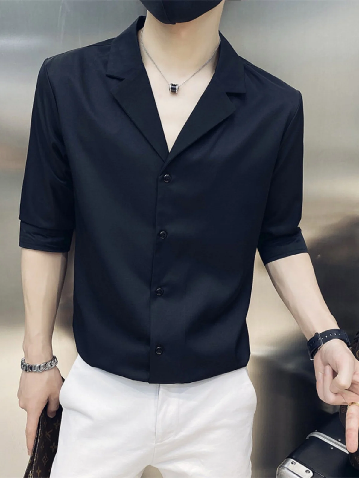 

Мужская модная повседневная рубашка Slim Fit с воротником-стойкой, летняя, стильная, с длинным рукавом