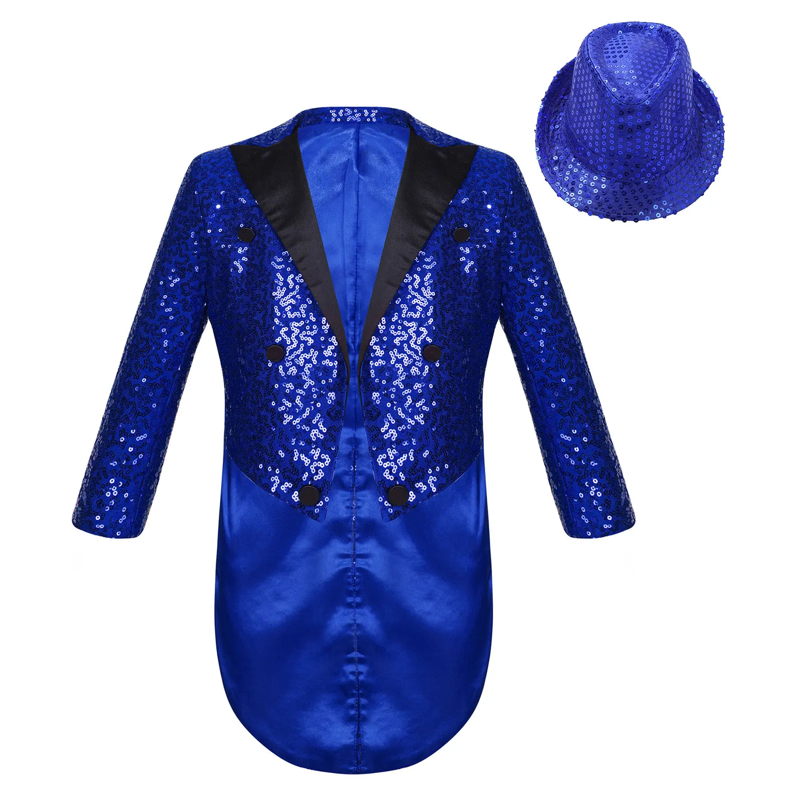 Tailcoat à paillettes à manches longues avec chapeau à paillettes pour enfants, blazer pour garçons, spectacle de magie, jazz, danse, olympiques de fête de mariage, tenue de performance