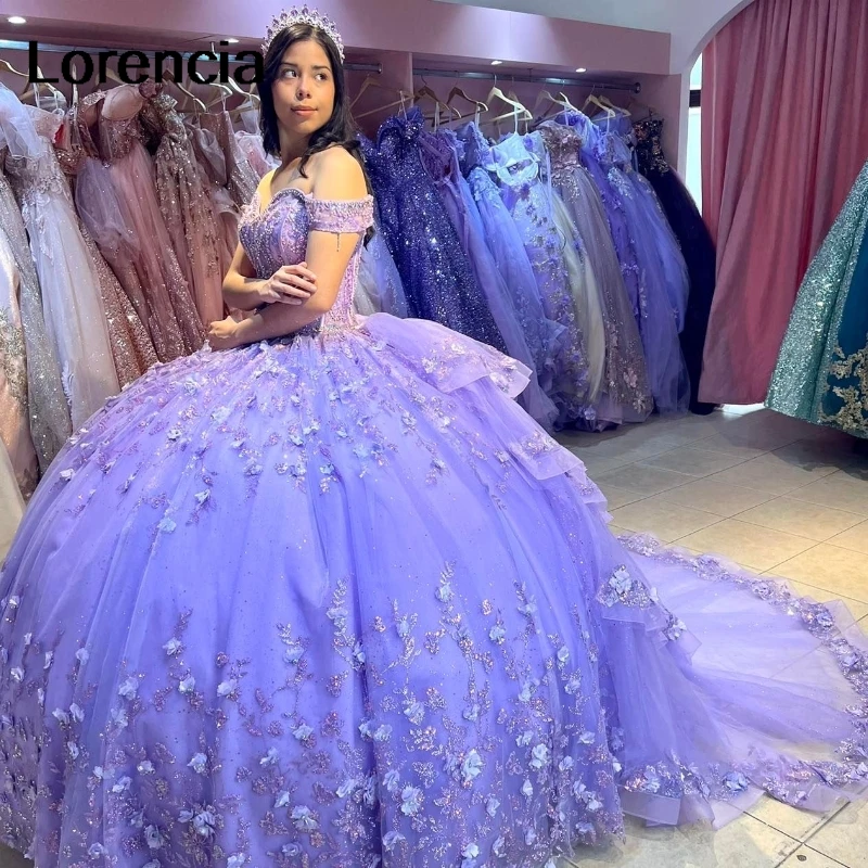 Customized Gillter Lavender Quinceanera Dress Off Shoulder 3D Floral Applique Beads Corset Sweet 16 Vestidos De 15 Años YQD747