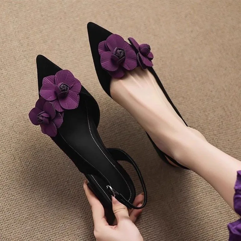 

Flower Heeled Sandals Women's Pointed Toe Elegant Heels Shoes New Sexy Slingback Slippers Suede Fashion Party Mujer Sandalias