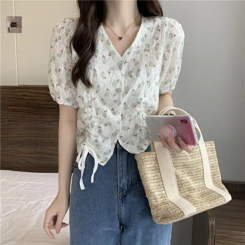 Ruffles Shirts and Blouses Floral Korea Short Sleeve Summer Top V-neck Shirring Fashion Woman Blouse 2024 Sweet Button Clothes