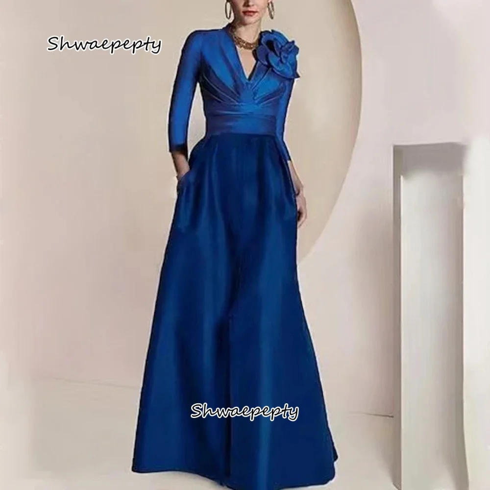 

Elegant Mother of the Bride Dress With Pockets Hand Made Flowers V-neck Long Sleeves Satin Wedding Guests Party Gowns Customized