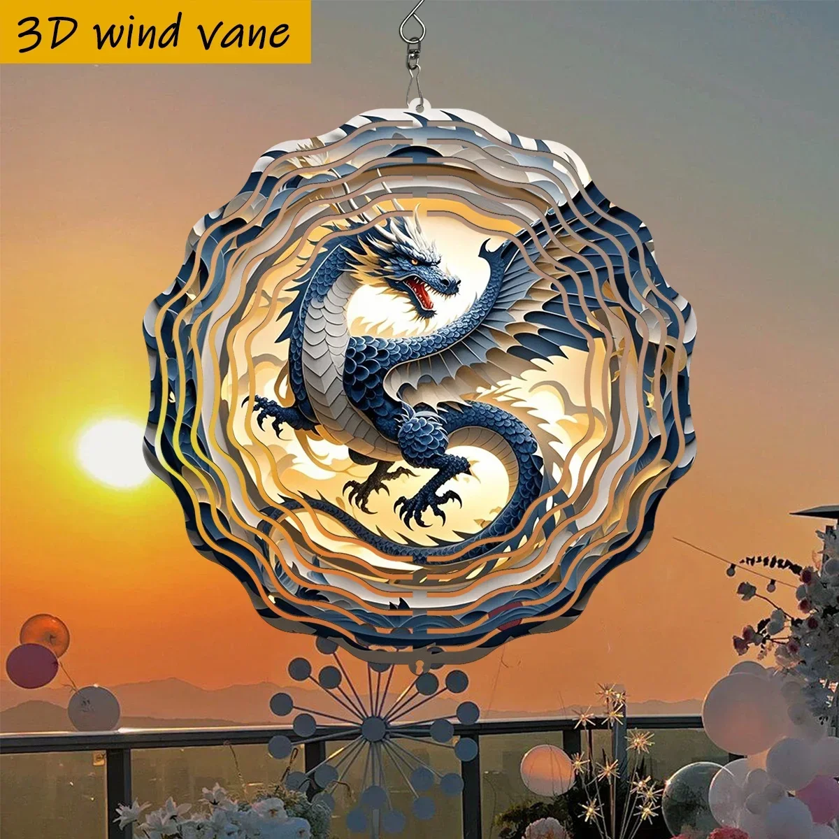 1pc Blue Dragon Wind Spinner -Metal Double-Sided Rotating Wind Chime with 360° Swivel Hook, Golden Background & Intricate Dragon